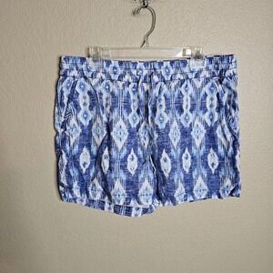Tommy Bahama Linen Blue White Ikat Drawstring Shorts Womens Large Pocket